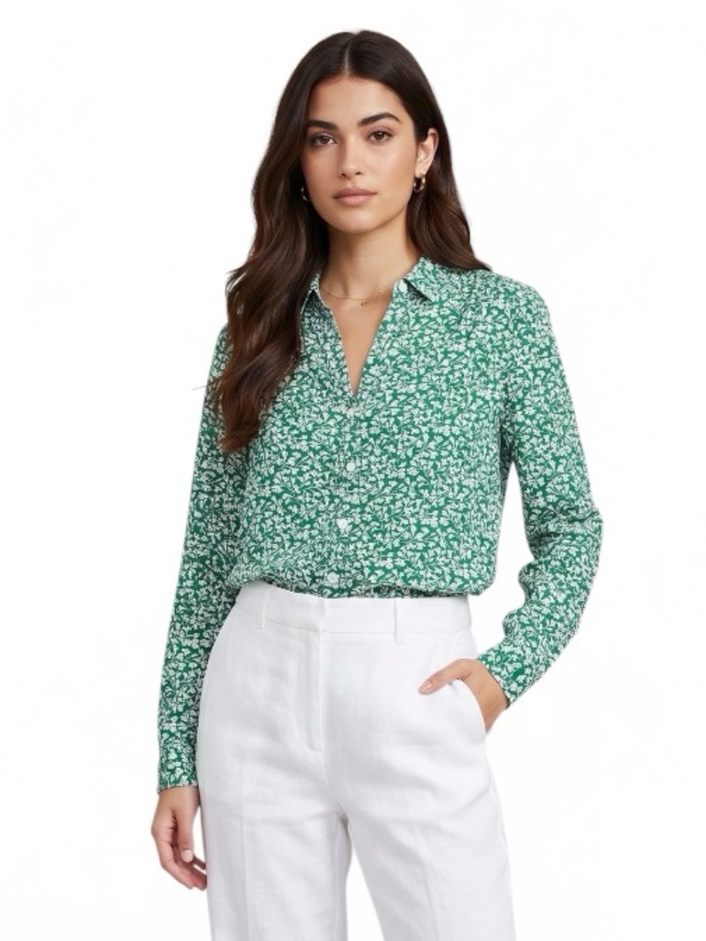 Gerald Darel Paris Floral Lightweight Collared Top Blouse Green Sz 34 (2) Button